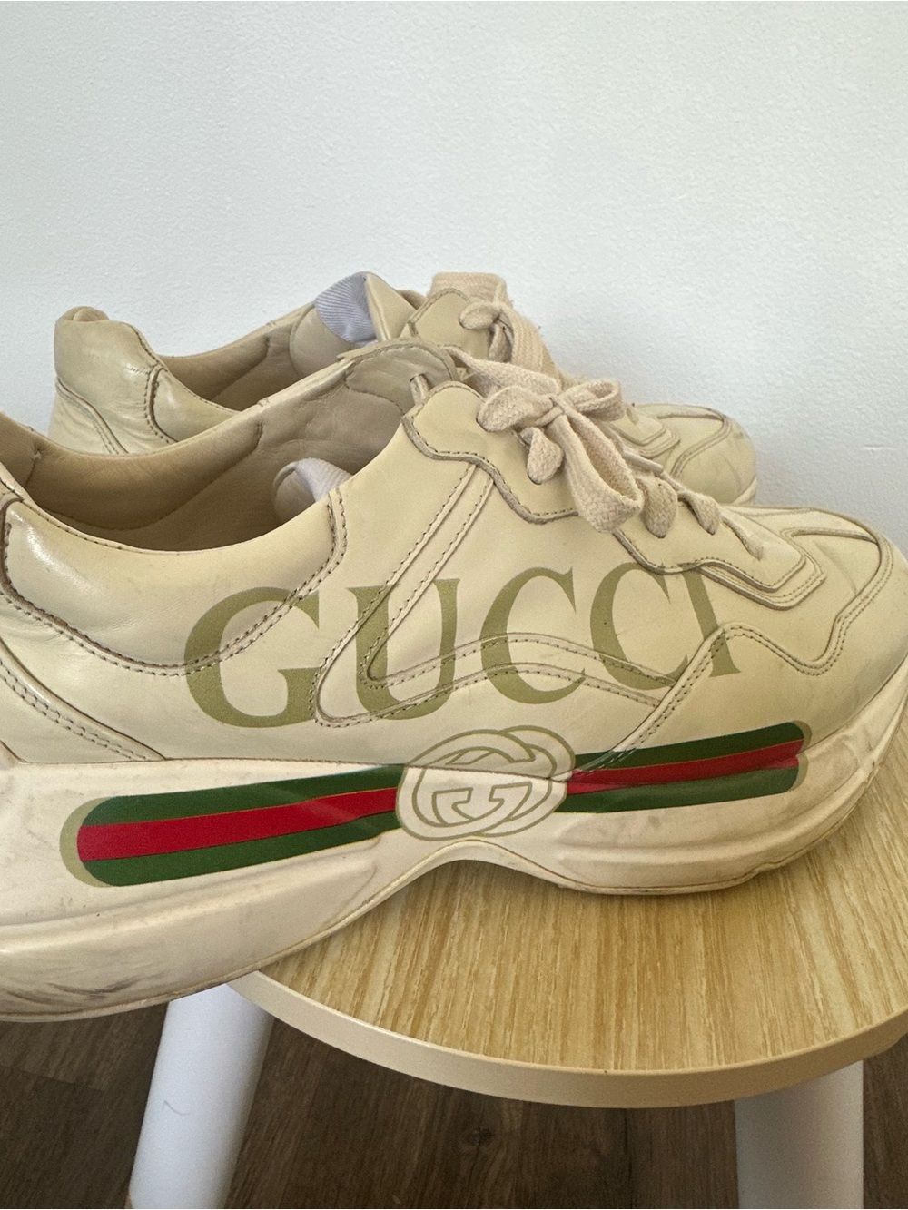 Gucci Cream Leather Platform Sneakers with Green & Red Web